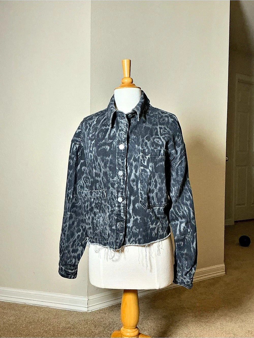 AllSaints Nicky Leopard Print Denim Jacket Small